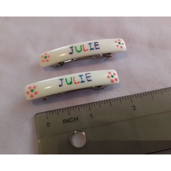 Personalized "Julie" Hair Barrettes Set Of 2 White With Floral Accents - Picture 3 of 5